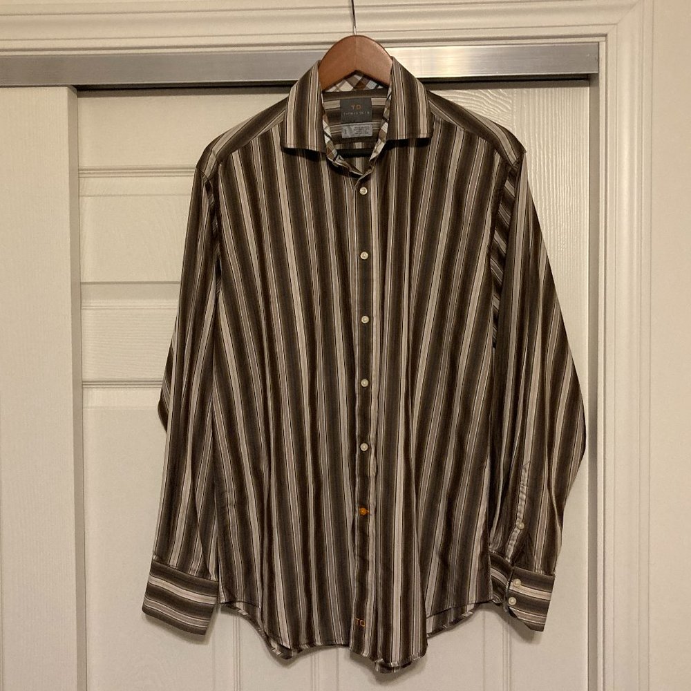 Thomas Dean Brown Cream L/S Button Down Large